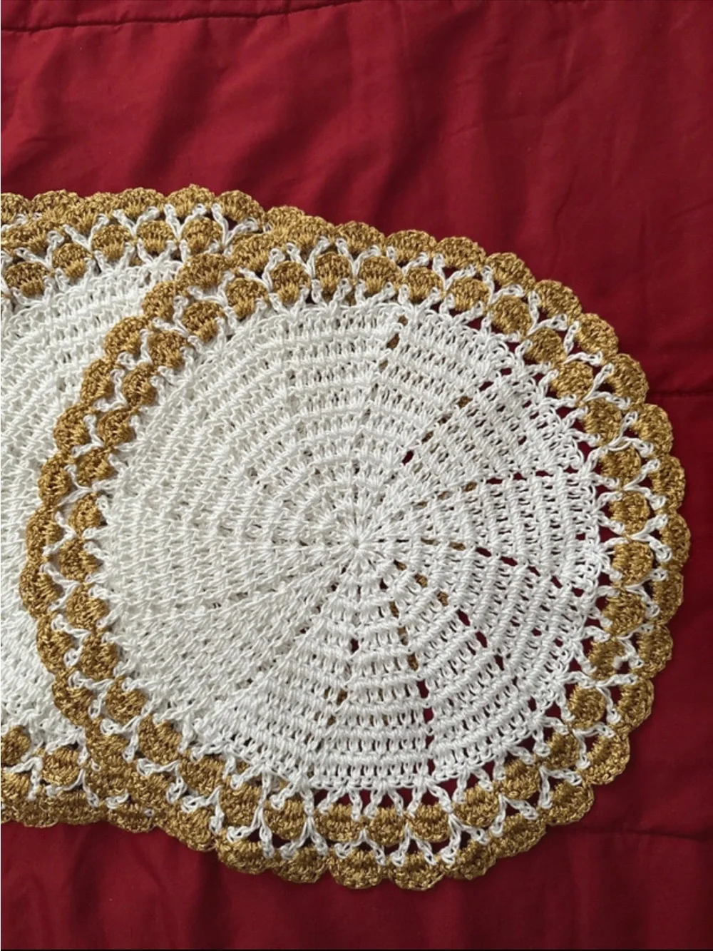 Hand-Crocheted Round Doilies in White and Gold